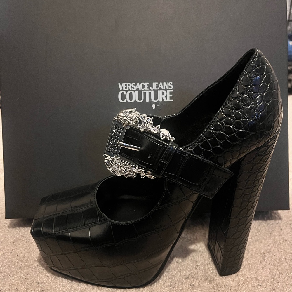 Versace Jeans Couture Black Croc-Embossed Heels